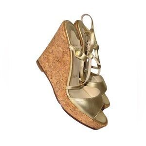 Christian Louboutin AUTHENTIC Gold Leather Strappy Cork Wedge Heels sz 38